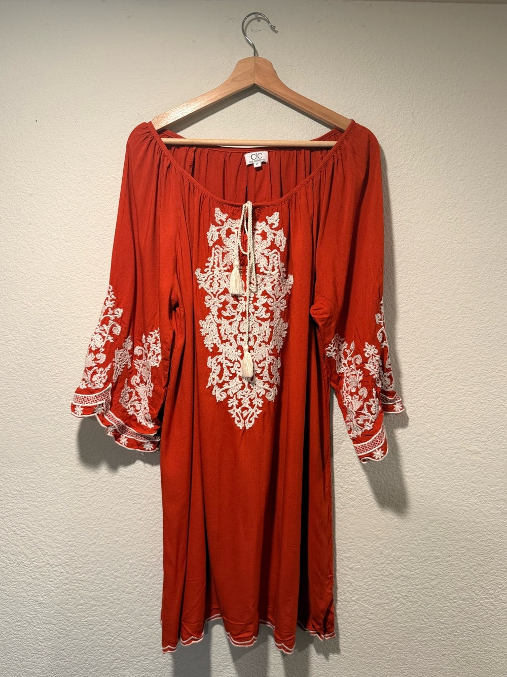 CHIC CONNECTION Rust Embroidered Long-Sleeve Boho Dress